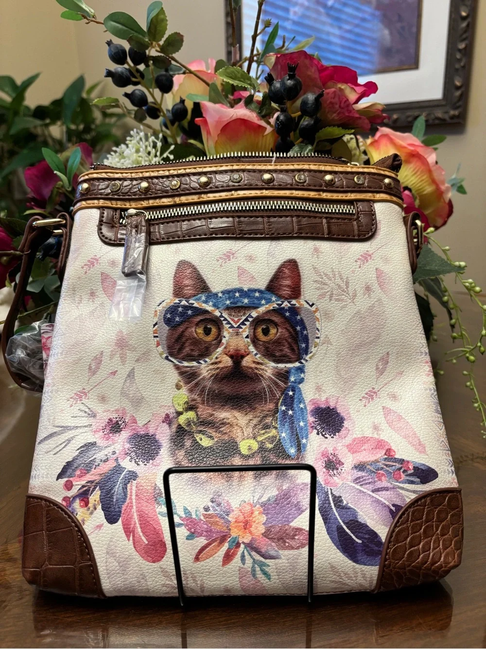 Brennan Cat-Print Crossbody Bag in Cream & Brown NWT’s